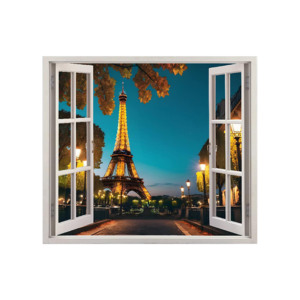 Autocolant pentru perete tip fereastra, Model Eiffel Tower, Dimensiuni 125 x 110 cm, Sticker Autoadeziv, Rezistent in timp, Culori Vibrante, Vopsele Ecologice Durabile, Aplicare facila si rapida