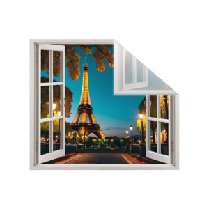 Autocolant pentru perete tip fereastra, Model Eiffel Tower, Dimensiuni 125 x 110 cm, Sticker Autoadeziv, Rezistent in timp, Culori Vibrante, Vopsele Ecologice Durabile, Aplicare facila si rapida - 2