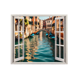 Autocolant pentru perete tip fereastra, Model Venice, Dimensiuni 125 x 110 cm, Sticker Autoadeziv, Rezistent in timp, Culori Vibrante, Vopsele Ecologice Durabile, Aplicare facila si rapida