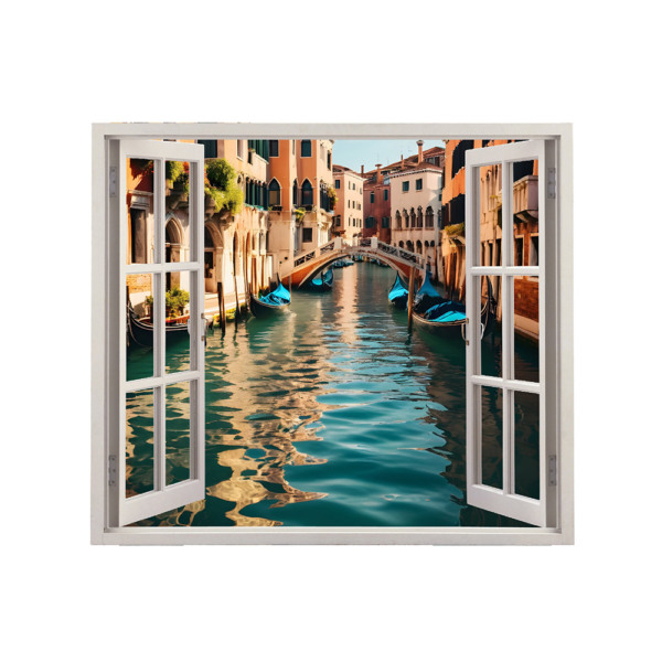 Autocolant pentru perete tip fereastra, Model Venice, Dimensiuni 125 x 110 cm, Sticker Autoadeziv, Rezistent in timp, Culori Vibrante, Vopsele Ecologice Durabile, Aplicare facila si rapida