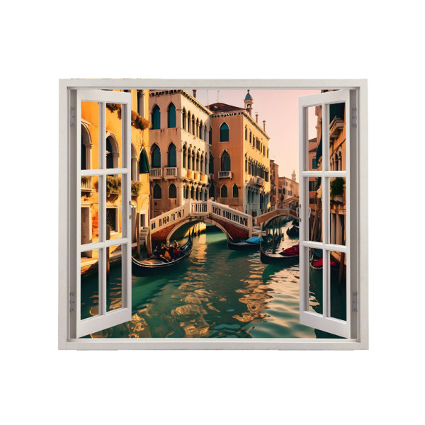 Autocolant pentru perete tip fereastra, Model Venice View, Dimensiuni 125 x 110 cm, Sticker Autoadeziv, Rezistent in timp, Culori Vibrante, Vopsele Ecologice Durabile, Aplicare facila si rapida