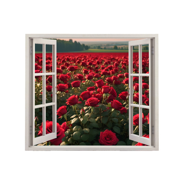 Autocolant pentru perete tip fereastra, Model Red Roses, Dimensiuni 125 x 110 cm, Sticker Autoadeziv, Rezistent in timp, Culori Vibrante, Vopsele Ecologice Durabile, Aplicare facila si rapida