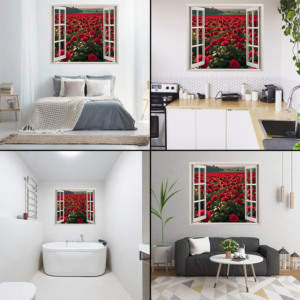 Autocolant pentru perete tip fereastra, Model Red Roses, Dimensiuni 125 x 110 cm, Sticker Autoadeziv, Rezistent in timp, Culori Vibrante, Vopsele Ecologice Durabile, Aplicare facila si rapida - 3