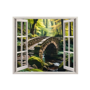 Autocolant pentru perete tip fereastra, Model Bridge, Dimensiuni 125 x 110 cm, Sticker Autoadeziv, Rezistent in timp, Culori Vibrante, Vopsele Ecologice Durabile, Aplicare facila si rapida