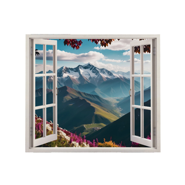 Autocolant pentru perete tip fereastra, Model Mountains, Dimensiuni 125 x 110 cm, Sticker Autoadeziv, Rezistent in timp, Culori Vibrante, Vopsele Ecologice Durabile, Aplicare facila si rapida