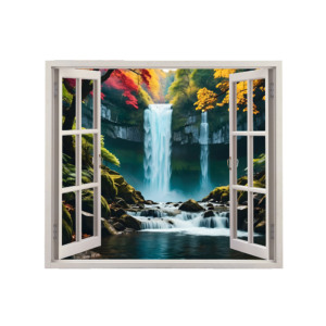 Autocolant pentru perete tip fereastra, Model Waterfall, Dimensiuni 125 x 110 cm, Sticker Autoadeziv, Rezistent in timp, Culori Vibrante, Vopsele Ecologice Durabile, Aplicare facila si rapida