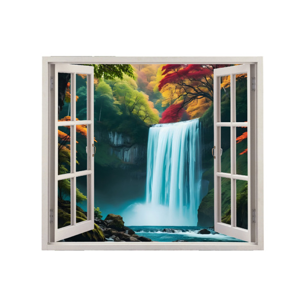 Autocolant pentru perete tip fereastra, Model Waterfalls, Dimensiuni 125 x 110 cm, Sticker Autoadeziv, Rezistent in timp, Culori Vibrante, Vopsele Ecologice Durabile, Aplicare facila si rapida