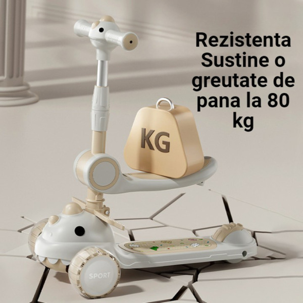 Trotineta Multifunctionala Comando Kids, Maner Reglabil, Pliabila, Reglare Inaltime, Greutate suportata 80 Kg, Iluminare Led, Control Maner Parental, Alb / Bej - 5