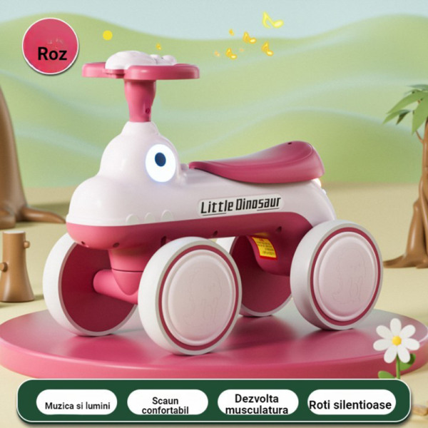 Bicicleta fara Pedale cu 4 Roti Comando Kids, Sistem Anti-Rasturnare, Sistem de Iluminare, Sistem Sonorizare, Model Dinozaur, Roz - 2