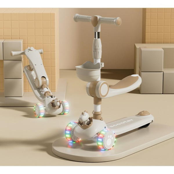 Trotineta Multifunctionala Comando Kids, Pliabil, Reglare Inaltime, Sistem Iluminare Led, Muzica, Varsta 1-7 Ani, Bej - 2