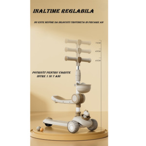 Trotineta Multifunctionala Comando Kids, Pliabil, Reglare Inaltime, Sistem Iluminare Led, Muzica, Varsta 1-7 Ani, Bej - 4