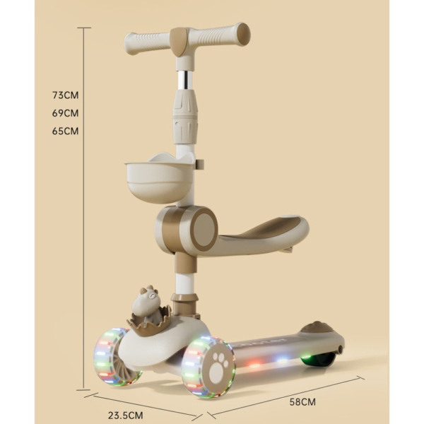 Trotineta Multifunctionala Comando Kids, Pliabil, Reglare Inaltime, Sistem Iluminare Led, Muzica, Varsta 1-7 Ani, Bej - 5