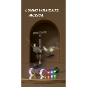 Trotineta Multifunctionala Comando Kids, Pliabil, Reglare Inaltime, Sistem Iluminare Led, Muzica, Varsta 1-7 Ani, Bej - 6