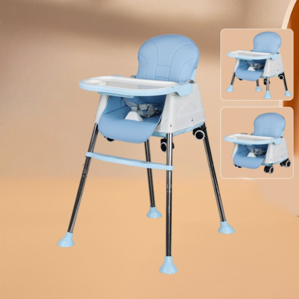 Scaun de Masa 3 in 1 Comando Kids, Pliabil, Inaltime Reglabila, Invelis Piele Ecologica, Centura de Siguranta, Masuta si Husa Detasabile, Roti, Albastru - 3