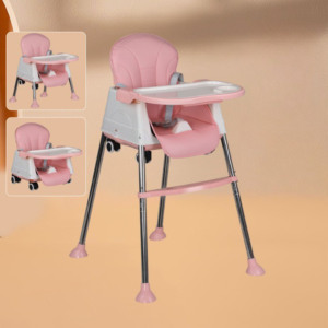 Scaun de Masa 3 in 1 Comando Kids, Pliabil, Inaltime Reglabila, Invelis Piele Ecologica, Centura de Siguranta, Masuta si Husa Detasabile, Roti, Roz - 2