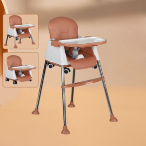 Scaun de Masa 3 in 1 Comando Kids, Pliabil, Inaltime Reglabila, Invelis Piele Ecologica, Centura de Siguranta, Masuta si Husa Detasabile, Roti, Maro - 2