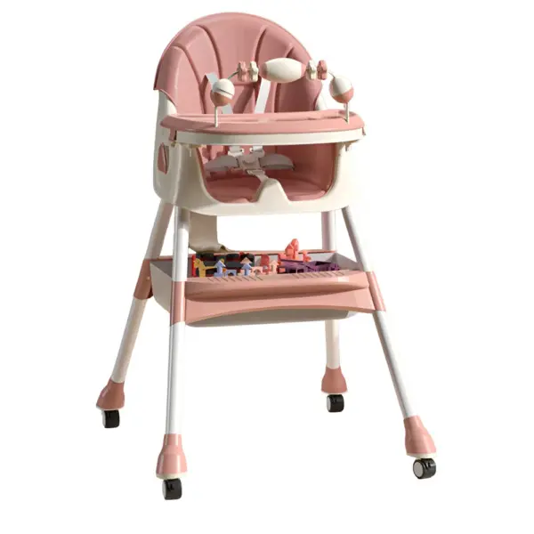 Scaun de Masa pentru Bebelusi si Copii Comando Kids, Multifunctional, 2 Tavite, Husa si Jucarii Detasabile, cu Centura de Siguranta, Spatiu de Depozitare, Roti, Inaltime si Spatar Reglabile, Functie Balansoar, Varsta 6+ Luni, Roz