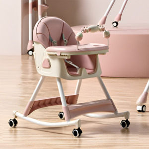 Scaun de Masa pentru Bebelusi si Copii Comando Kids, Multifunctional, 2 Tavite, Husa si Jucarii Detasabile, cu Centura de Siguranta, Spatiu de Depozitare, Roti, Inaltime si Spatar Reglabile, Functie Balansoar, Varsta 6+ Luni, Roz - 3