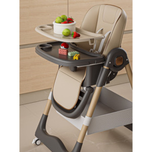 Scaun de Masa pentru Bebelusi si Copii Comando Kids, Multifunctional, 2 Tavite si Husa Detasabile, cu Centura de Siguranta, Spatiu de Depozitare, Roti, Inaltime si Spatar Reglabile, Varsta 6+ Luni, Crem - 5