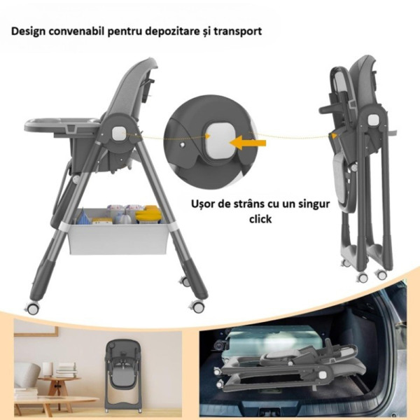 Scaun de Masa pentru Bebelusi si Copii Comando Kids, Multifunctional, 2 Tavite si Husa Detasabile, cu Centura de Siguranta, Spatiu de Depozitare, Roti, Inaltime si Spatar Reglabile, Varsta 6+ Luni, Gri - 4