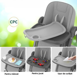 Scaun de Masa pentru Bebelusi si Copii Comando Kids, Multifunctional, 2 Tavite si Husa Detasabile, cu Centura de Siguranta, Spatiu de Depozitare, Roti, Inaltime si Spatar Reglabile, Varsta 6+ Luni, Gri - 5