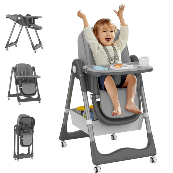 Scaun de Masa pentru Bebelusi si Copii Comando Kids, Multifunctional, 2 Tavite si Husa Detasabile, cu Centura de Siguranta, Spatiu de Depozitare, Roti, Inaltime si Spatar Reglabile, Varsta 6+ Luni, Gri - 6