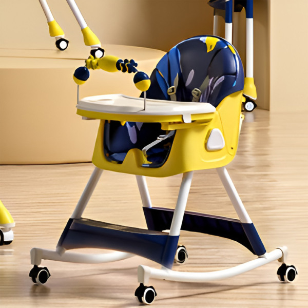 Scaun de Masa pentru Bebelusi si Copii Comando Kids, Multifunctional, 2 Tavite, Husa si Jucarii Detasabile, cu Centura de Siguranta, Spatiu de Depozitare, Roti, Inaltime si Spatar Reglabile, Functie Balansoar, Varsta 6+ Luni, Galben - 2