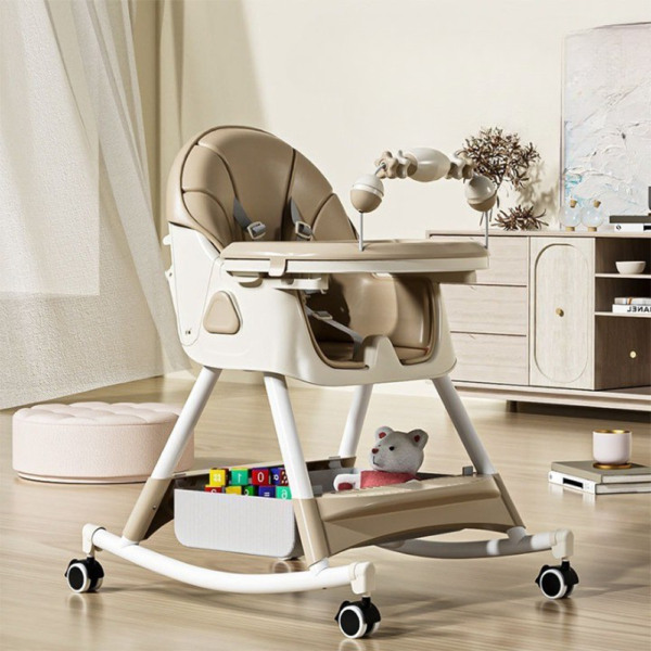 Scaun de Masa pentru Bebelusi si Copii Comando Kids, Multifunctional, 2 Tavite, Husa si Jucarii Detasabile, cu Centura de Siguranta, Spatiu de Depozitare, Roti, Inaltime si Spatar Reglabile, Functie Balansoar, Varsta 6+ Luni, Crem - 2