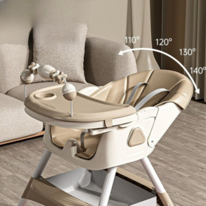 Scaun de Masa pentru Bebelusi si Copii Comando Kids, Multifunctional, 2 Tavite, Husa si Jucarii Detasabile, cu Centura de Siguranta, Spatiu de Depozitare, Roti, Inaltime si Spatar Reglabile, Functie Balansoar, Varsta 6+ Luni, Crem - 3