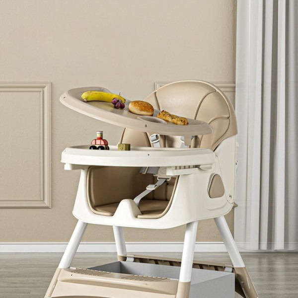 Scaun de Masa pentru Bebelusi si Copii Comando Kids, Multifunctional, 2 Tavite, Husa si Jucarii Detasabile, cu Centura de Siguranta, Spatiu de Depozitare, Roti, Inaltime si Spatar Reglabile, Functie Balansoar, Varsta 6+ Luni, Crem - 5