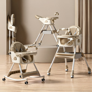 Scaun de Masa pentru Bebelusi si Copii Comando Kids, Multifunctional, 2 Tavite, Husa si Jucarii Detasabile, cu Centura de Siguranta, Spatiu de Depozitare, Roti, Inaltime si Spatar Reglabile, Functie Balansoar, Varsta 6+ Luni, Crem - 6