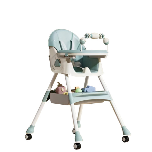 Scaun de Masa pentru Bebelusi si Copii Comando Kids, Multifunctional, 2 Tavite, Husa si Jucarii Detasabile, cu Centura de Siguranta, Spatiu de Depozitare, Roti, Inaltime si Spatar Reglabile, Functie Balansoar, Varsta 6+ Luni, Turcoaz