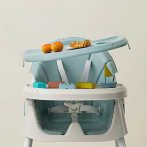 Scaun de Masa pentru Bebelusi si Copii Comando Kids, Multifunctional, 2 Tavite, Husa si Jucarii Detasabile, cu Centura de Siguranta, Spatiu de Depozitare, Roti, Inaltime si Spatar Reglabile, Functie Balansoar, Varsta 6+ Luni, Turcoaz - 3