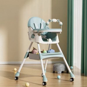 Scaun de Masa pentru Bebelusi si Copii Comando Kids, Multifunctional, 2 Tavite, Husa si Jucarii Detasabile, cu Centura de Siguranta, Spatiu de Depozitare, Roti, Inaltime si Spatar Reglabile, Functie Balansoar, Varsta 6+ Luni, Turcoaz - 4