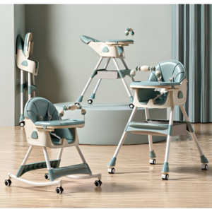 Scaun de Masa pentru Bebelusi si Copii Comando Kids, Multifunctional, 2 Tavite, Husa si Jucarii Detasabile, cu Centura de Siguranta, Spatiu de Depozitare, Roti, Inaltime si Spatar Reglabile, Functie Balansoar, Varsta 6+ Luni, Turcoaz - 5