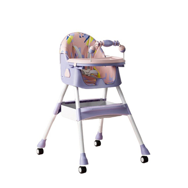 Scaun de Masa pentru Bebelusi si Copii Comando Kids, Multifunctional, 2 Tavite, Husa si Jucarii Detasabile, cu Centura de Siguranta, Spatiu de Depozitare, Roti, Inaltime si Spatar Reglabile, Functie Balansoar, Varsta 6+ Luni, Mov multicolor