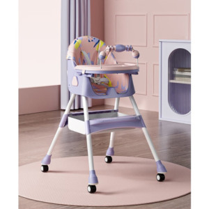 Scaun de Masa pentru Bebelusi si Copii Comando Kids, Multifunctional, 2 Tavite, Husa si Jucarii Detasabile, cu Centura de Siguranta, Spatiu de Depozitare, Roti, Inaltime si Spatar Reglabile, Functie Balansoar, Varsta 6+ Luni, Mov multicolor - 2