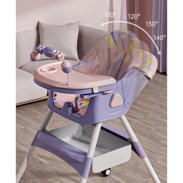 Scaun de Masa pentru Bebelusi si Copii Comando Kids, Multifunctional, 2 Tavite, Husa si Jucarii Detasabile, cu Centura de Siguranta, Spatiu de Depozitare, Roti, Inaltime si Spatar Reglabile, Functie Balansoar, Varsta 6+ Luni, Mov multicolor - 3