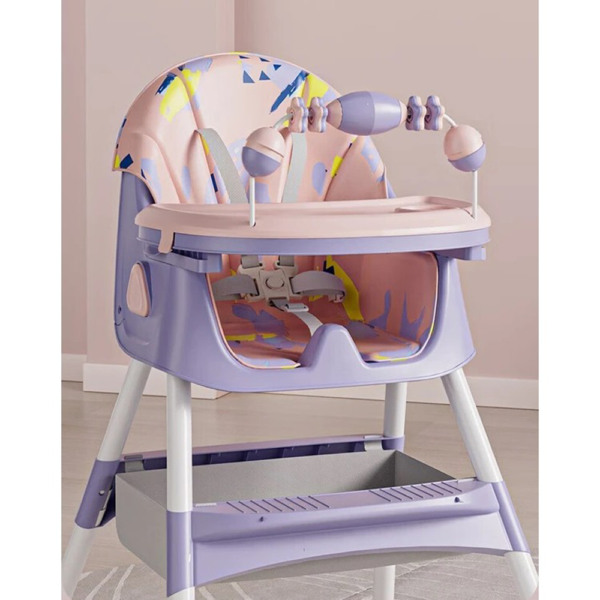 Scaun de Masa pentru Bebelusi si Copii Comando Kids, Multifunctional, 2 Tavite, Husa si Jucarii Detasabile, cu Centura de Siguranta, Spatiu de Depozitare, Roti, Inaltime si Spatar Reglabile, Functie Balansoar, Varsta 6+ Luni, Mov multicolor - 6